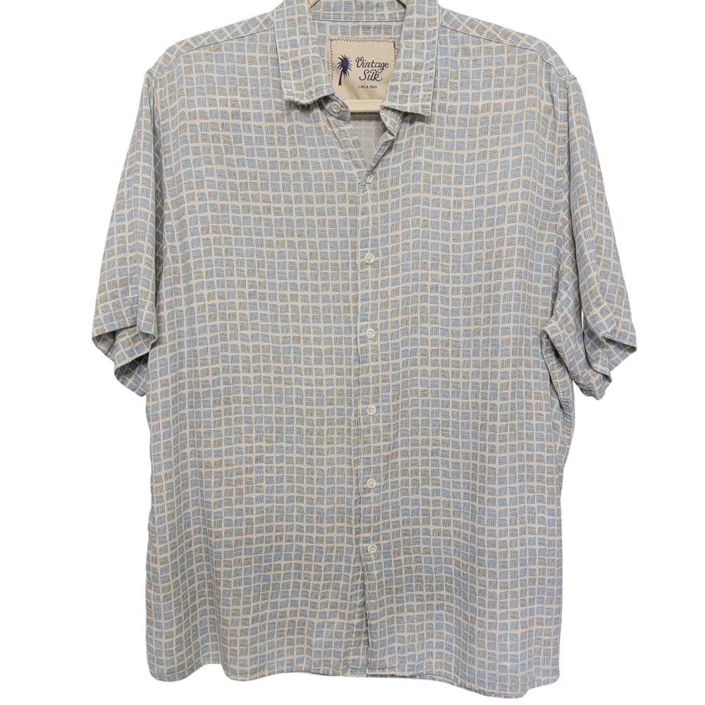 Vintage‎ Silk Button Up Shirt Mens XL Blue Geometric Silk Blend Short Sleeve